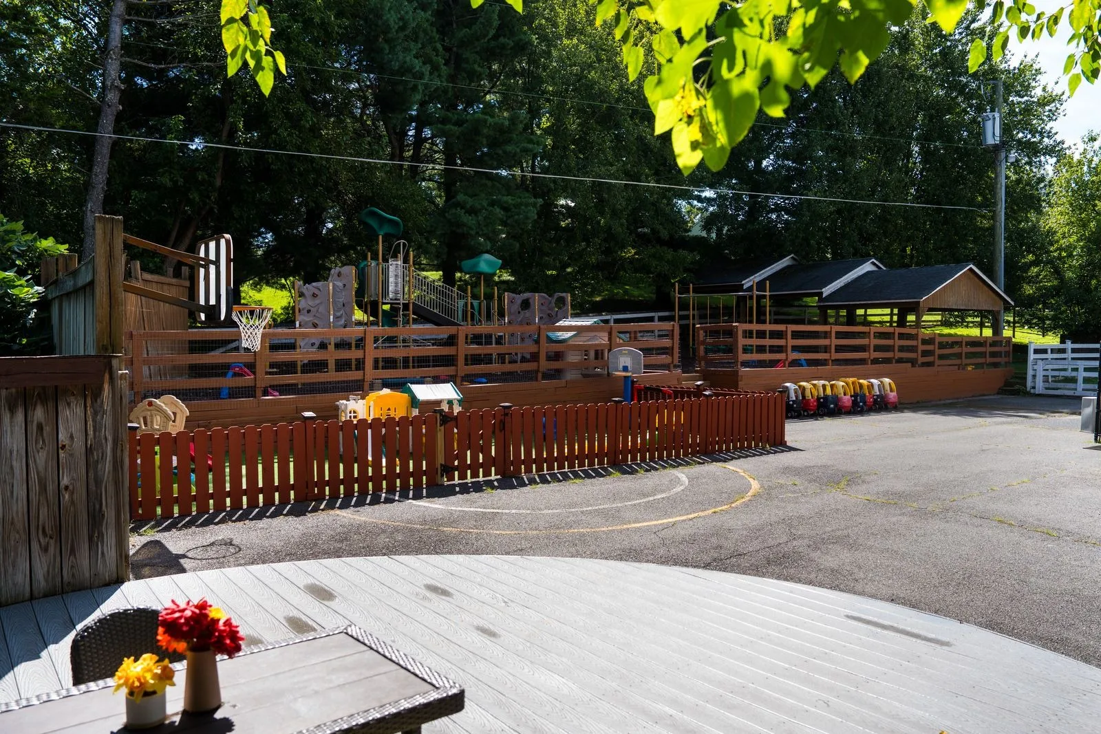 The play yard seen from the deck, with all the fenced areas in view